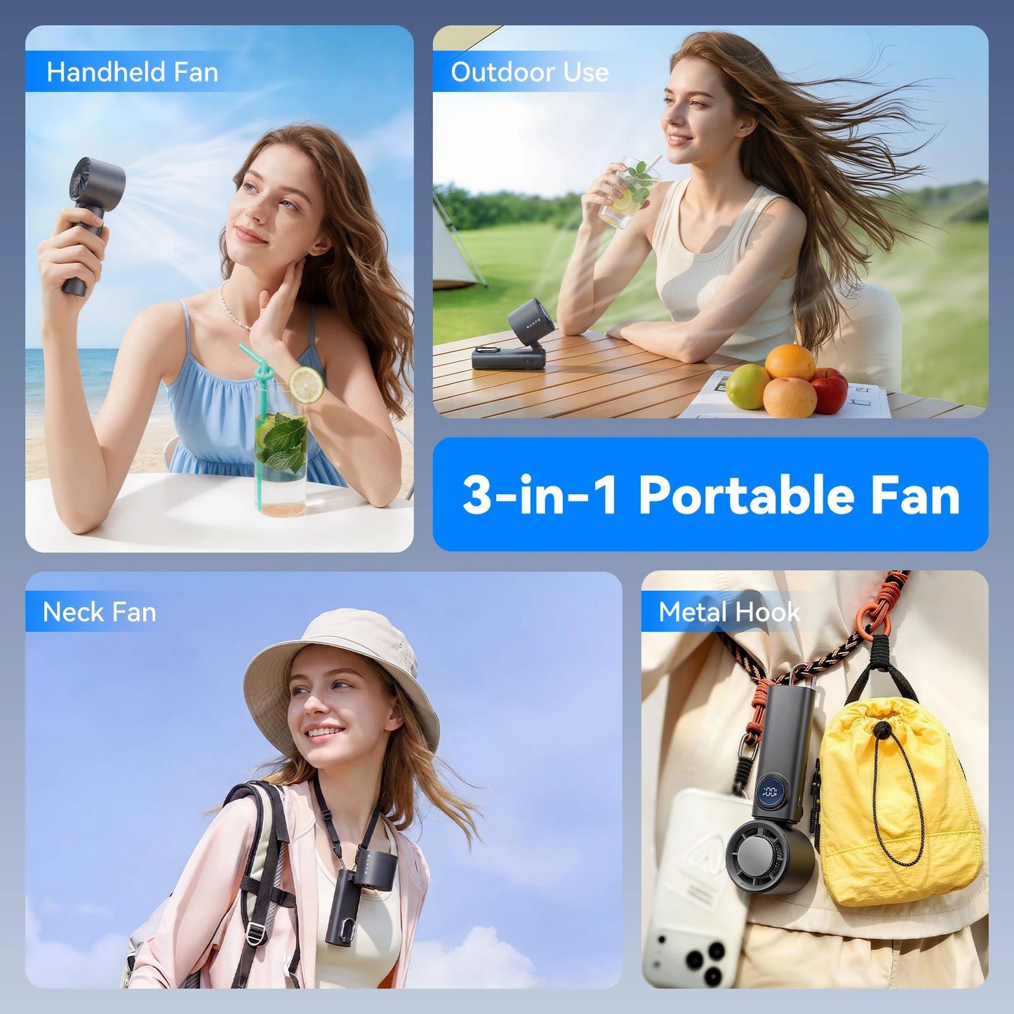 MUXNW 3-in-1 Foldable Handheld Fan 11000RPM 3000mAh 100-Speed USB-C Digital Display for Travel Office