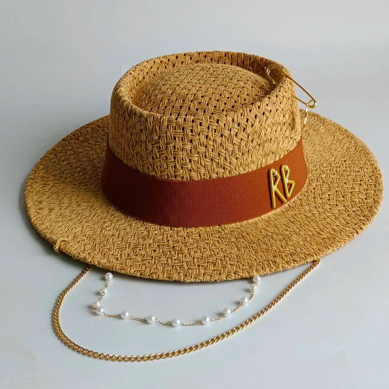 Metal RB letter summer straw hat for men and women summer outdoor vacation beach sun hat panama hat  beach accessories