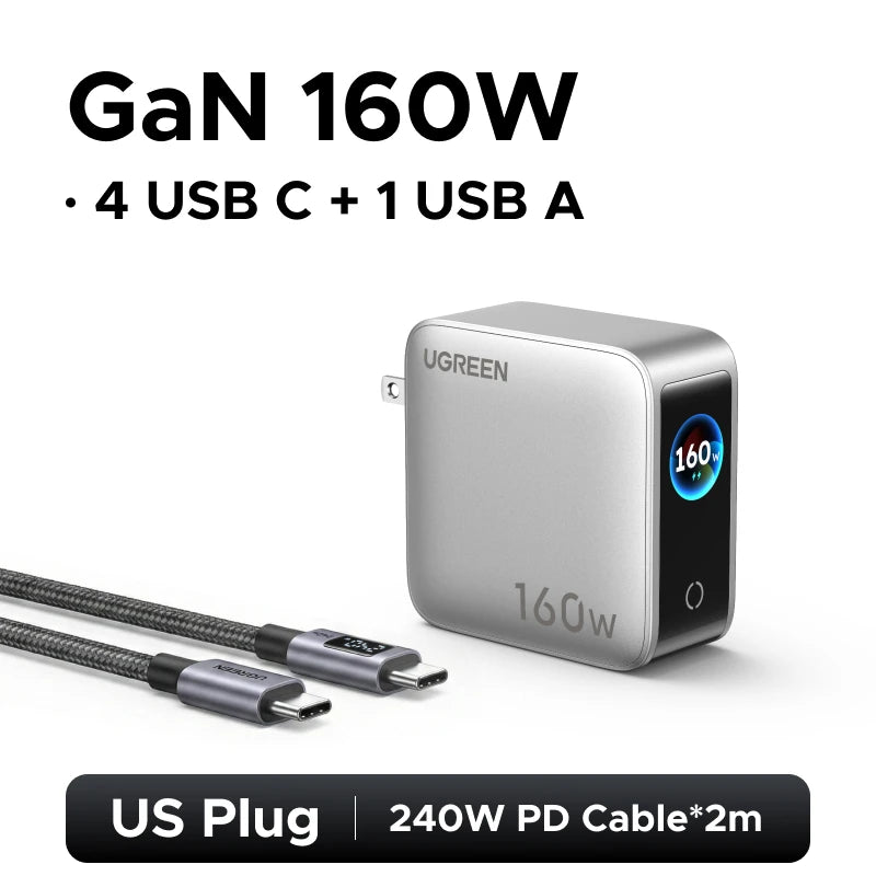 UGREEN 160W GaN Charger With Smart Display AVS PD 3.1 140W QC4.0 For MacbookPro Laptop iPhone 17 16 iPad Tablet SamsungS25 Ultra