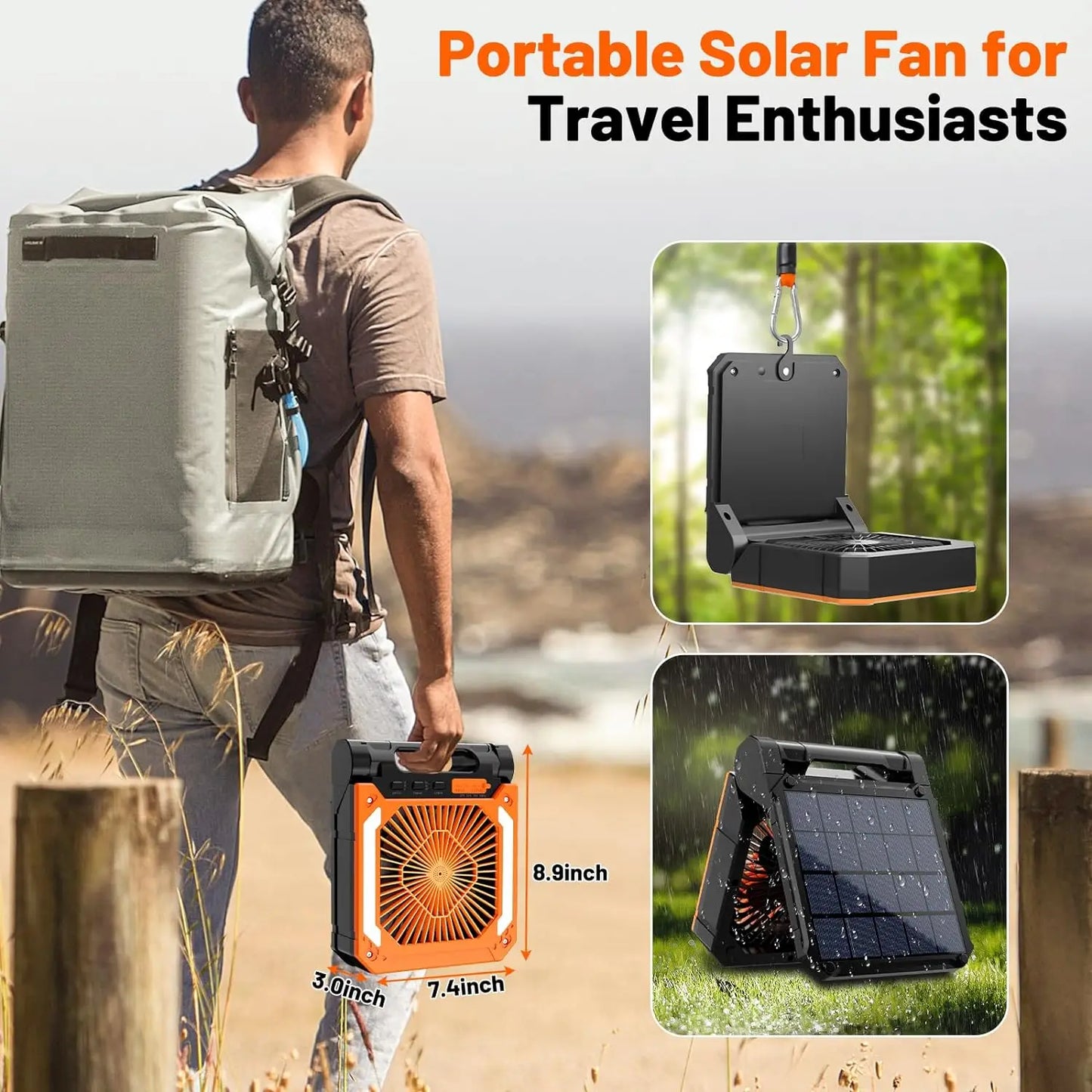 Portable Solar Camping Fan with Light,3Speeds Rechargeable 10000mAh Battery Powered&Timer&Hook&PowerBank for Hiking Picnic RV