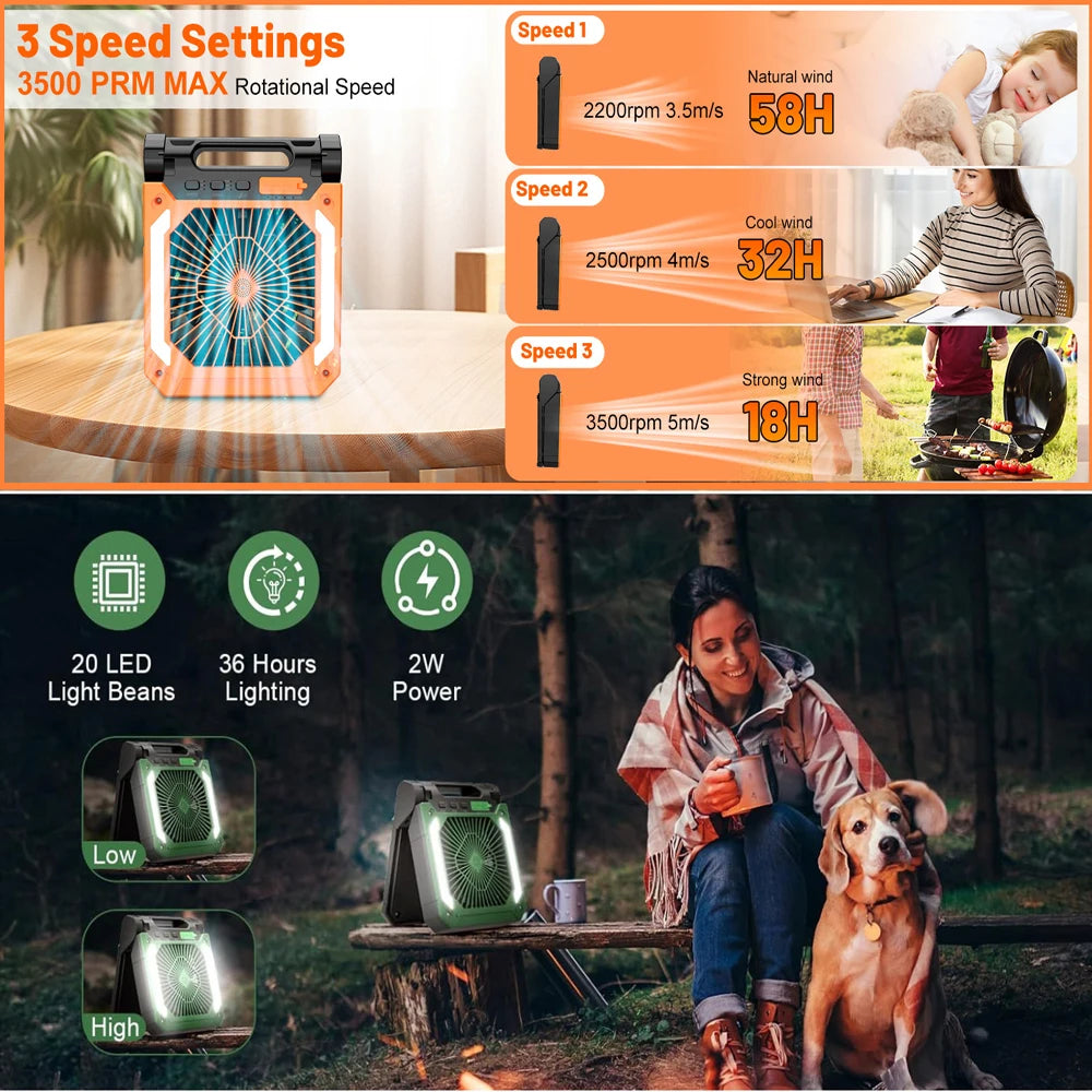 Portable Solar Camping Fan with Light,3Speeds Rechargeable 10000mAh Battery Powered&Timer&Hook&PowerBank for Hiking Picnic RV