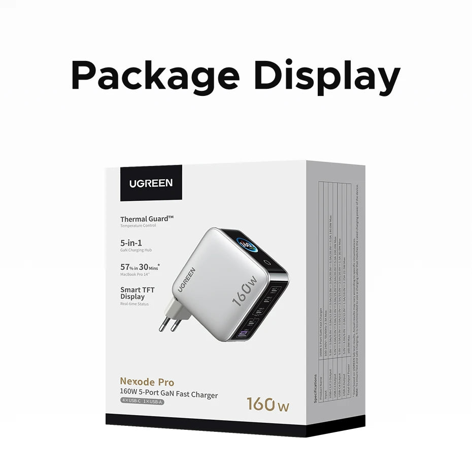 UGREEN 160W GaN Charger With Smart Display AVS PD 3.1 140W QC4.0 For MacbookPro Laptop iPhone 17 16 iPad Tablet SamsungS25 Ultra