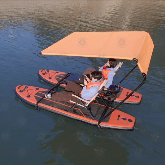 Inflatable Catamaran Boat with Dual Paddleboards and Outboard Motor for Water Adventure