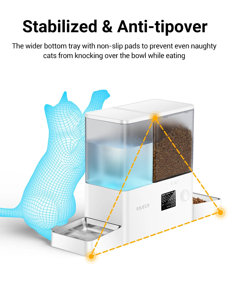ROJECO 8.5L 2In1 Automatic Pet Feeder Gravity Water Fountain Button Version Auto 5L Cat Kibble Dispenser with 3.5L Water Refill