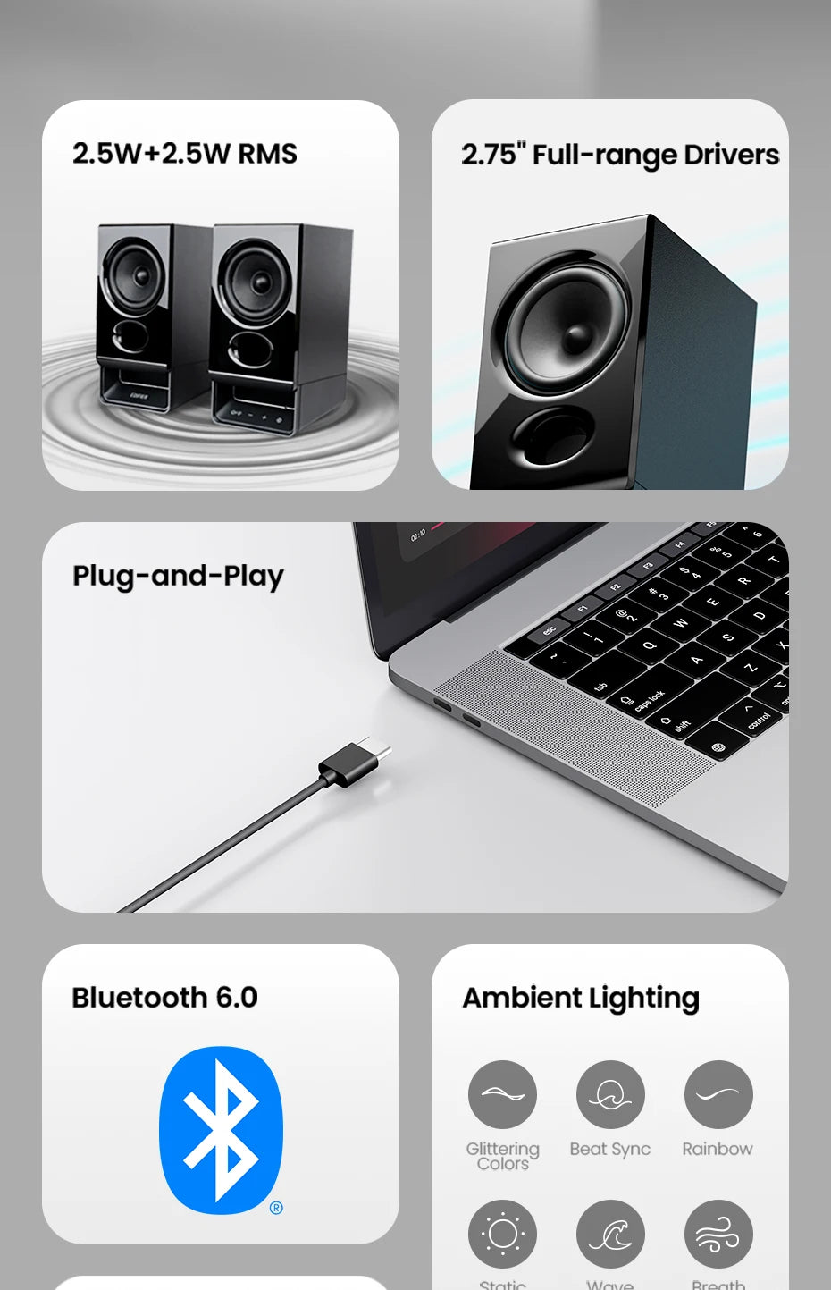 Edifier R20BT Computer Speakers With Light Effects Bluetooth 6.0 USB-C AUX Inputs