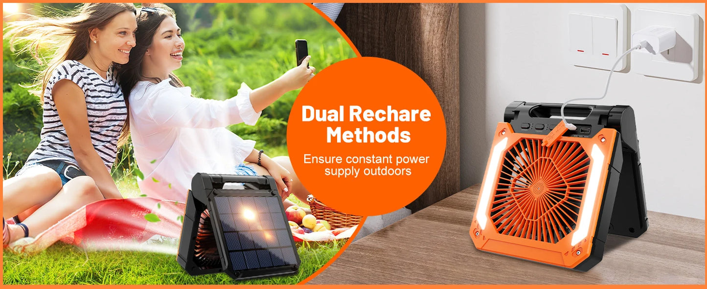 Portable Solar Camping Fan with Light,3Speeds Rechargeable 10000mAh Battery Powered&Timer&Hook&PowerBank for Hiking Picnic RV