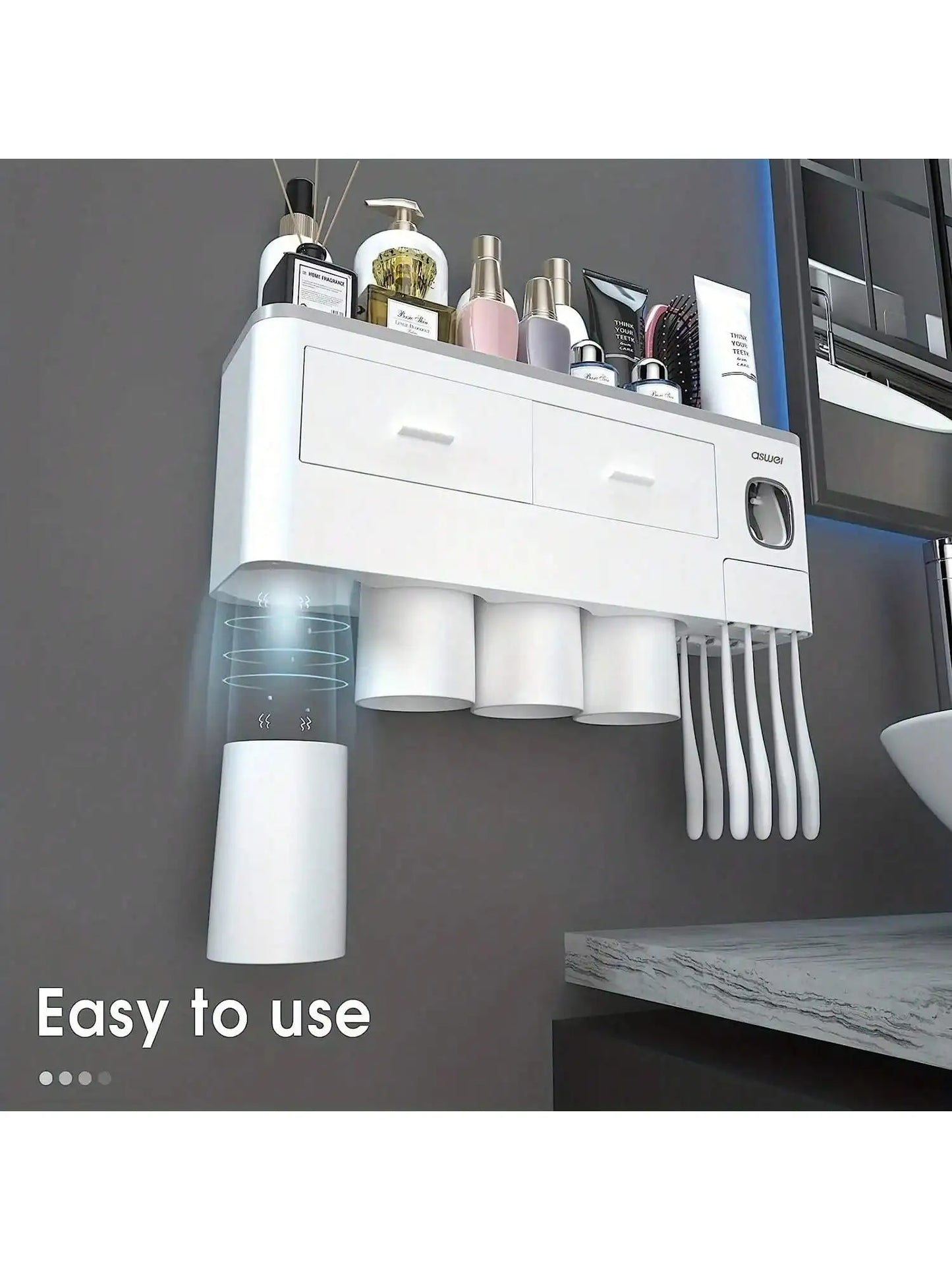 Toothbrush Holder Wall Mounted No-Drill – 2-in-1 Bathroom Organizer with Toothpaste Squeezer & Storage Rack