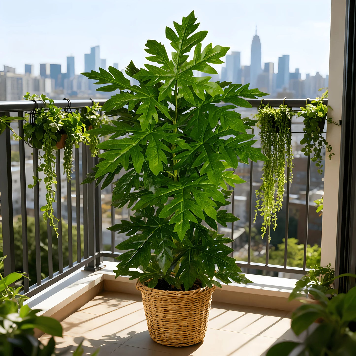 1Pcs Large Lifelike Artificial Rosaceae Papaya Leaf Plant 15-Leaf Simulated Monster Plant, Artificial Flowers Green Potted Plant